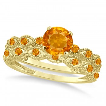 Vintage Citrine Engagement Ring Bridal Set 14k Yellow Gold 1.36ct
