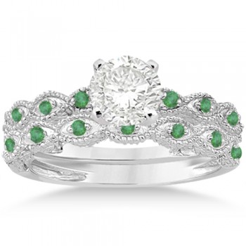 Antique Emerald Engagement Ring & Wedding Band 14k White Gold (0.36ct)