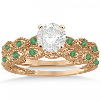 Antique Emerald Engagement Ring & Wedding Band 18k Rose Gold (0.36ct)