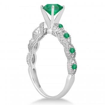 Vintage Style Emerald Engagement Ring 14k White Gold (1.18ct)