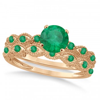 Vintage Emerald Engagement Ring Bridal Set 14k Rose Gold 1.36ct