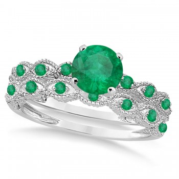 Vintage Emerald Engagement Ring Bridal Set 14k White Gold 1.36ct