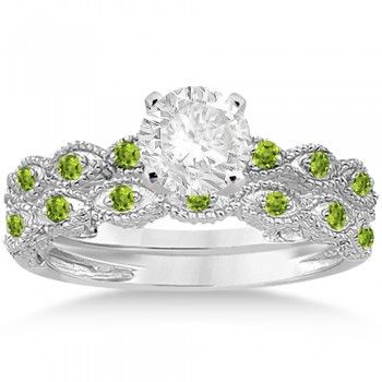 Antique Peridot Bridal Set Marquise Shape 14K White Gold 0.36ct