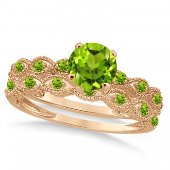 Vintage Peridot Engagement Ring Bridal Set 14k Rose Gold 1.36ct