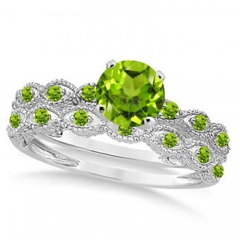 Vintage Peridot Engagement Ring Bridal Set 14k White Gold 1.36ct