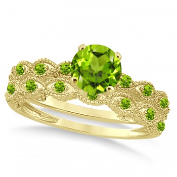 Vintage Peridot Engagement Ring Bridal Set 14k Yellow Gold 1.36ct