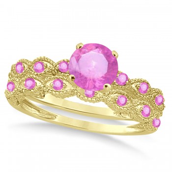 Vintage Pink Sapphire Engagement Ring Bridal Set 14k Yellow Gold 1.36ct