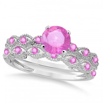Vintage Pink Sapphire Engagement Ring Bridal Set 18k White Gold 1.36ct