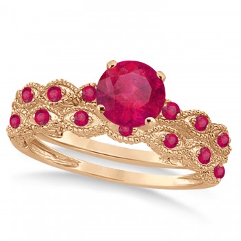 Vintage Style Ruby Engagement Ring Bridal Set 14k Rose Gold 1.36ct