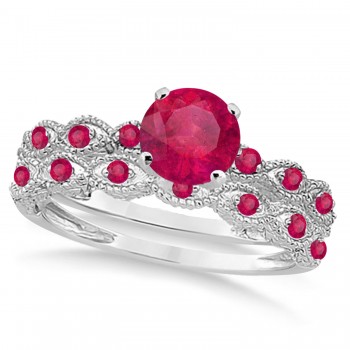 Vintage Style Ruby Engagement Ring Bridal Set 14k White Gold 1.36ct