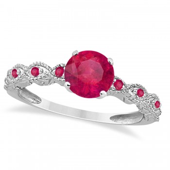 Vintage Style Ruby Engagement Ring Bridal Set 14k White Gold 1.36ct