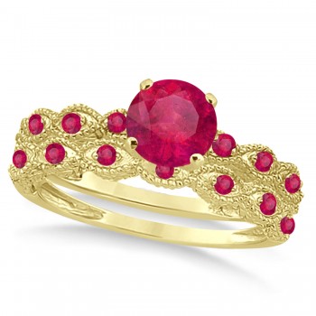 Vintage Style Ruby Engagement Ring Bridal Set 14k Yellow Gold 1.36ct