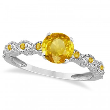 Vintage Yellow Sapphire Engagement Ring Bridal Set 18k White Gold 1.36ct