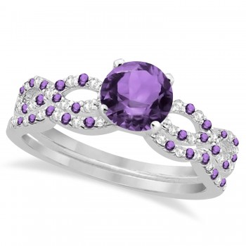 Infinity Style Amethyst & Diamond Bridal Set 14k White Gold 1.29ct