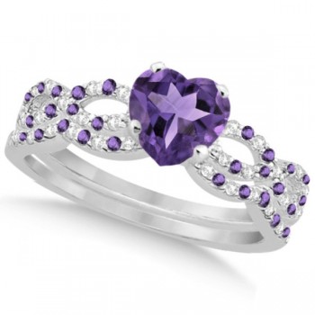 Amethyst & Diamond Heart Infinity Style Bridal Set 14k W Gold 1.74ct