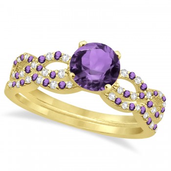 Infinity Style Amethyst & Diamond Bridal Set 14k Yellow Gold 1.29ct