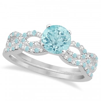 Infinity Style Aquamarine & Diamond Bridal Set 14k White Gold 1.14ct