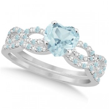 Aquamarine & Diamond Heart Infinity Style Set 14k White Gold 1.74ct