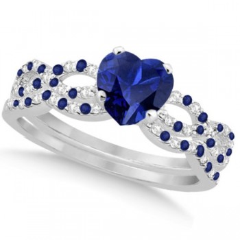 Blue Sapphire & Diamond Heart Infinity Bridal Set 14k W. Gold 1.74ct