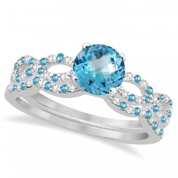 Infinity Style Blue Topaz & Diamond Bridal Set 14k White Gold 1.29ct