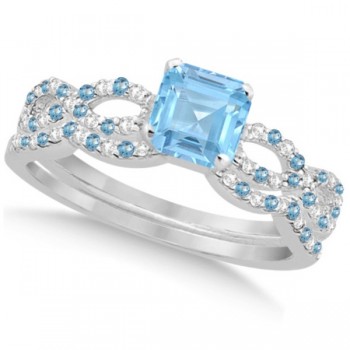 Blue Topaz & Diamond Princess Infinity Bridal Set 14k W. Gold 1.74ct
