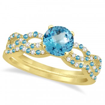 Infinity Style Blue Topaz & Diamond Bridal Set 14k Yellow Gold 1.29ct