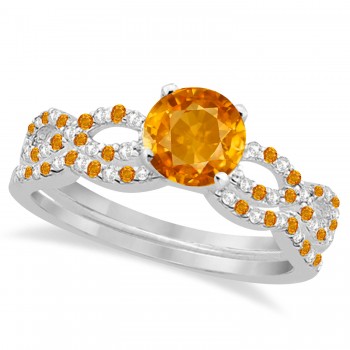 Infinity Style Citrine & Diamond Bridal Set 14k White Gold 1.29ct