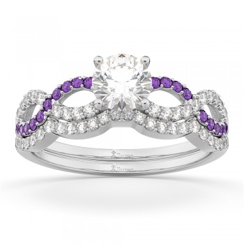 Infinity Diamond & Amethyst Engagement Ring Set 18k White Gold 0.34ct