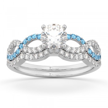 Infinity Diamond & Aquamarine Engagement Ring Set 14k White Gold 0.34ct
