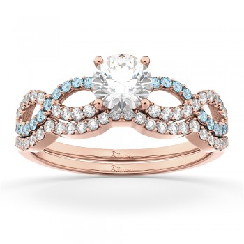 Infinity Diamond & Aquamarine Engagement Ring Set 18k Rose Gold 0.34ct