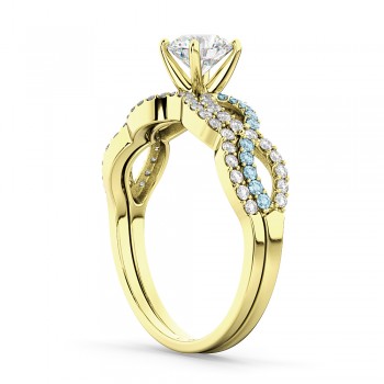 Infinity Diamond & Aquamarine Engagement Ring Set 18k Yellow Gold 0.34ct