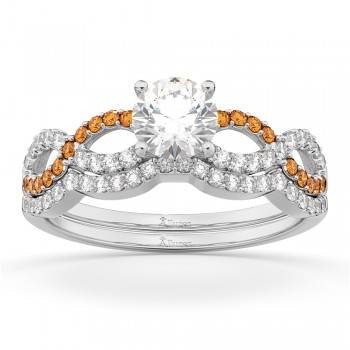 Infinity Diamond & Citrine Engagement Ring Set 14k White Gold 0.34ct