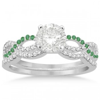 Infinity Diamond & Emerald Engagement Ring Set 14k White Gold 0.34ct