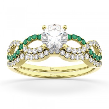 Infinity Diamond & Emerald Engagement Ring Set 14k Yellow Gold 0.34ct