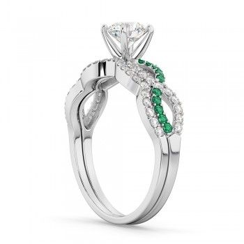 Infinity Diamond & Emerald Engagement Ring Set 18k White Gold 0.34ct