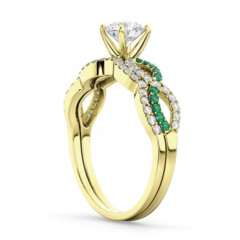 Infinity Diamond & Emerald Engagement Ring Set 18k Yellow Gold 0.34ct