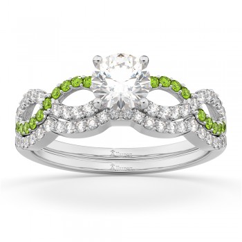 Infinity Diamond & Peridot Engagement Ring Set 14k White Gold 0.34ct