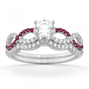 Infinity Diamond & Ruby Engagement Ring Set 14K White Gold 0.34ct