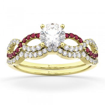 Infinity Diamond & Ruby Engagement Ring Set 14K Yellow Gold 0.34ct