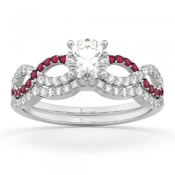 Infinity Diamond & Ruby Engagement Ring Set 18K White Gold 0.34ct