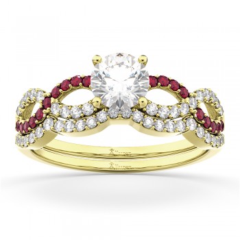 Infinity Diamond & Ruby Engagement Ring Set 18K Yellow Gold 0.34ct
