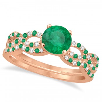 Infinity Style Emerald & Diamond Bridal Set 14k Rose Gold 0.85ct