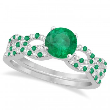 Infinity Style Emerald & Diamond Bridal Set 14k White Gold 0.85ct