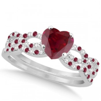 Ruby & Diamond Heart Infinity Style Bridal Set 14k White Gold 1.74ct