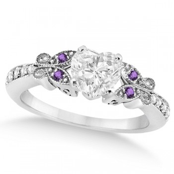Heart Diamond & Amethyst Butterfly Engagement Ring 14k W Gold (0.75ct)