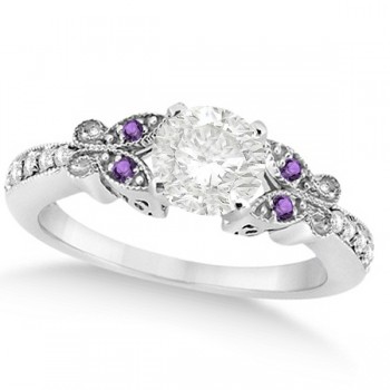 Round Diamond & Amethyst Butterfly Engagement Ring 14k W Gold (0.75ct)