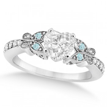 Heart Diamond & Aquamarine Butterfly Engagement Ring 14k W Gold 0.50ct