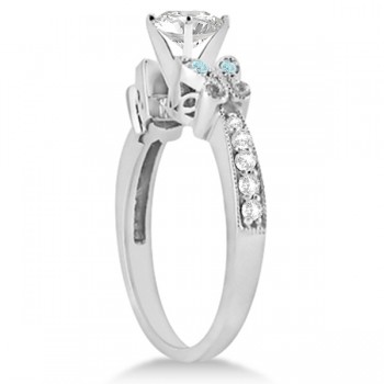 Heart Diamond & Aquamarine Butterfly Engagement Ring 14k W Gold 1.00ct