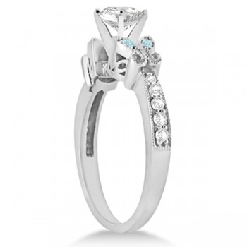 Princess Diamond & Aquamarine Butterfly Engagement Ring 14k W Gold 0.75ct