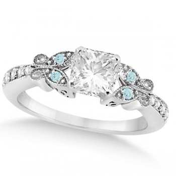 Princess Diamond & Aquamarine Butterfly Engagement Ring 14k W Gold 1.50ct